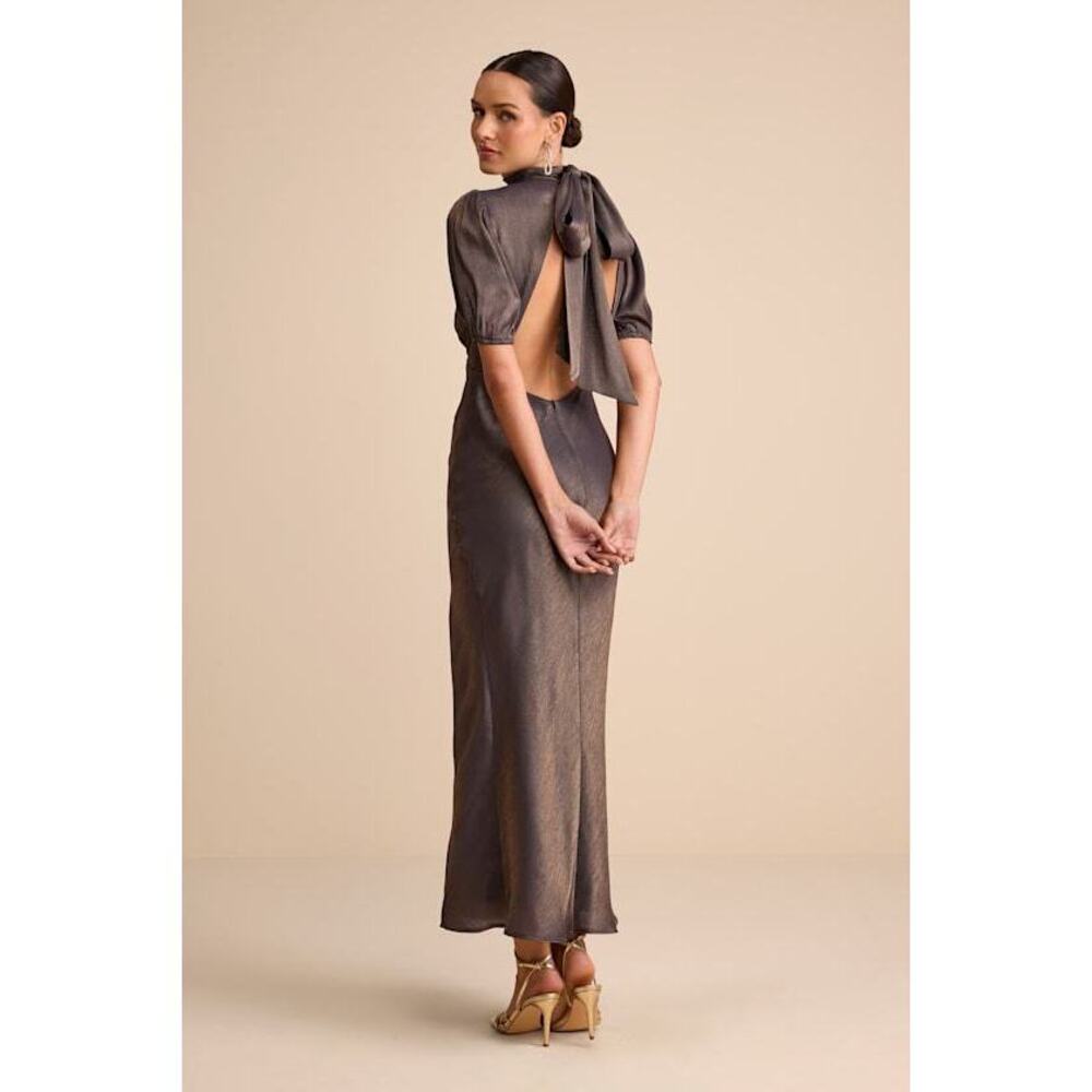 Lulus Talira Dark Taupe Satin Lurex Mock Neck Cutout Maxi Dress - Size L (NWT)